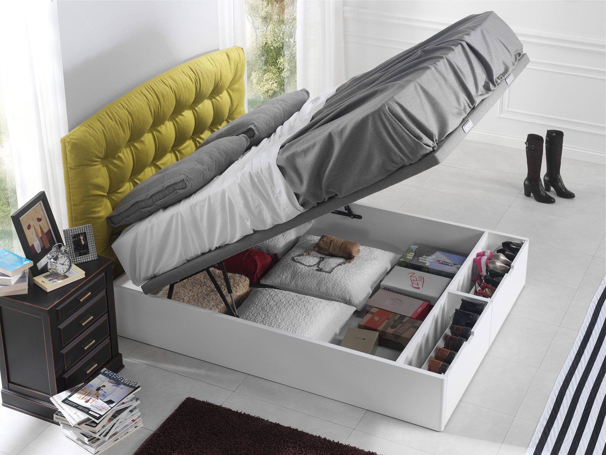 CORAL storage bed & DAYTONA headboard, ECUS: turn your bed into a mini closet to store anything you want.