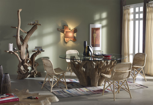 NAGA table, ARYA chair, MEGAN bookshelves and NAGA lighting
