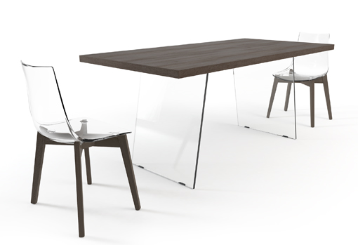 DOMO table and FANTASY chairs: worhtop in truffle walnut, glass legs, seat shelsl in transparent polycarbonate