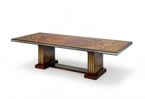 New classic table with elaborate marquetry inlay and gold leaf decorations