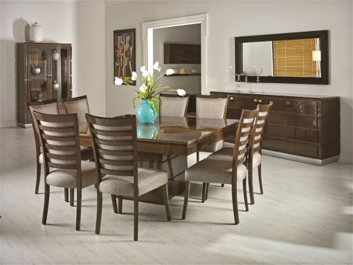 MON dining table, chairs, credenza and showcase in brown maple high sheen finishing