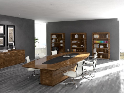 MON collection rosewood meeting room, including meeting table, bookcases and credenza.
