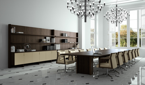 The FREEPORT meeting room furniture in walnut espresso and matt grey stone lacquers
