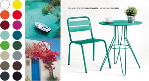 La mesa CAPRI y la silla BARCELONETA disponibles en una amplia gama de colores.
