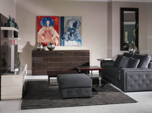 MON brown maple sideboard, occasional tables and chic sofa