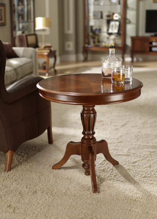 Pedestal table Mod. 168.070 with top decoration made of natural cherry and walnut marquetries