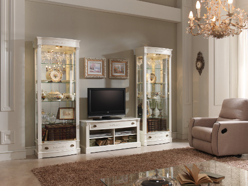 White lacquered display cabinets and TV stand