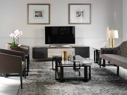 SOHO living room: Tv stand, occasional tables, sofas and armchair